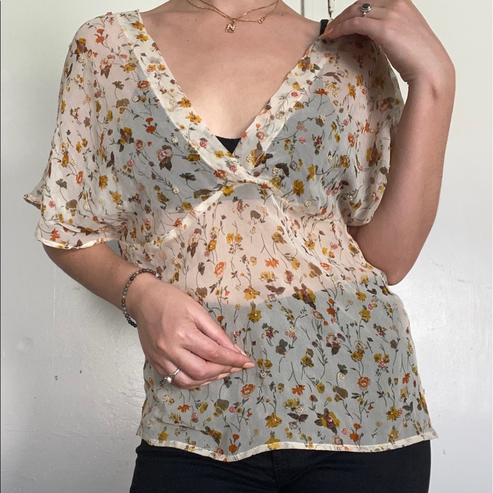 Anthropologie Vintage Cream Floral 100% Pure Silk Blouse - Medium